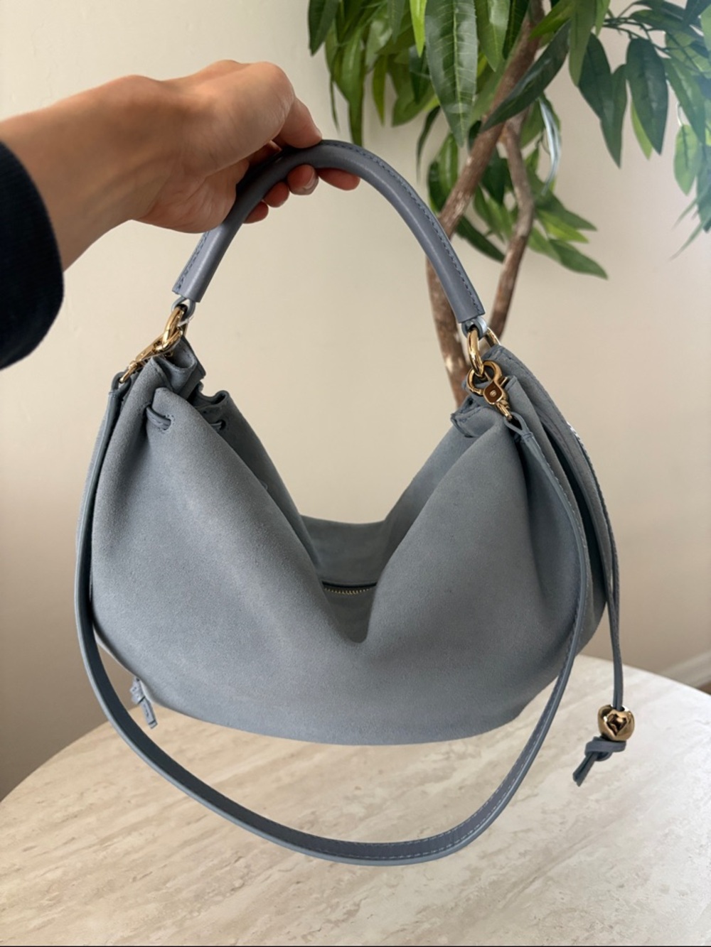 Elegant Suede Hobo Bag in Dusty Blue